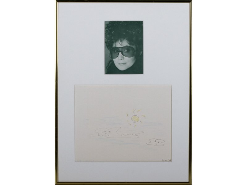 YOKO ONO (Japanese/American, 1933) Pencil Drawing: YOKO ONO (Japan). "I Love You". Pen, colored pencil on paper. Signed lower right Y.O. '86. Reverse Yoko Ono (Japanese/American 1933). 1986. Photo of Yoko. Good condition. Image measures 8" x 10". Fram