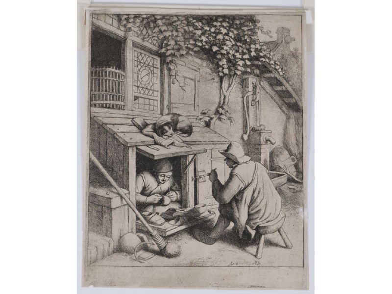 ADRIEN VON OSTADE (Dutch, 1610-1685) Etching: ADRIEN VON OSTADE (Dutch, 1610-1685) The Cobbler. Etching 1671. Signed and dated in plate lower right A. Ostade 1671. Good condition with light toning; sheet is trimmed; small light spot at margin low