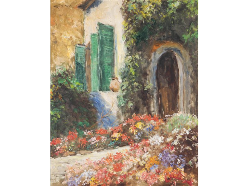 FRIED PAL (American, 1893-1976) Painting: FRIED PAL (Hungarian/American, 1893-1976) Courtyard. Oil on linen. Signed upper left Fried Pal. Painting 30" x 24". Frame 35 ½" x 29 ½". Good condition, no damage or repair. From AskArt: “Pal Frie