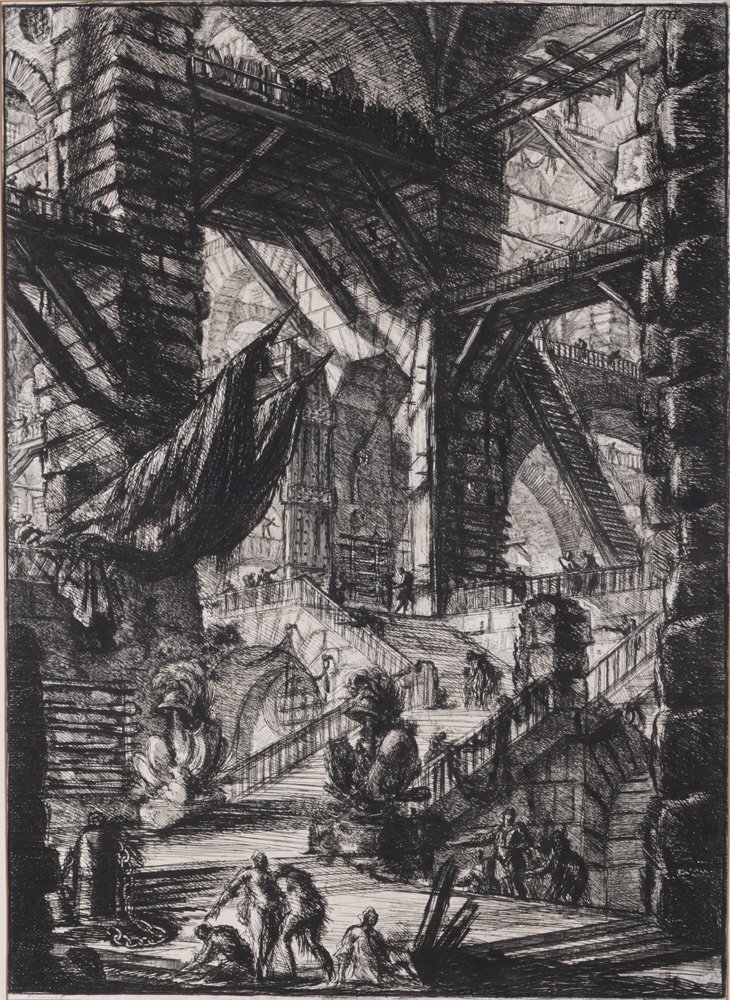 GIOVANNI B. PIRANESI - Etching Engraving Print: Giovan Battista Piranesi (1720 - 1778) "The Staircase with Trophies". Etching and Engraving. Signed lower left Piranesi F. Laid down on cardstock. A thin crease runs horinzontal through the center of 