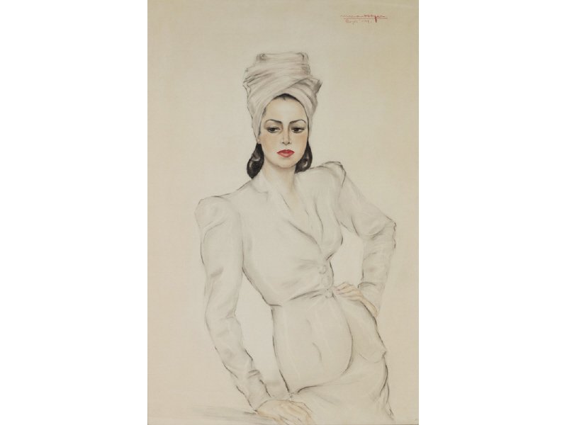MARIANO SOYER (American) 1944, Elsa Schaparelli: MARIANO SOYER (American) "Bogota" 1944, portrait of Elsa Schaparelli. Fashion Illustrator for Schaparelli. Mariano Soyer was a well-established portrait artist commissioned by Hollywood stars in the 1