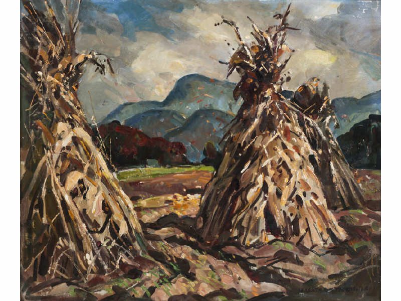WILLIAM LESTER STEVENS (Amer. 1888-1969) Painting: WILLIAM LESTER STEVENS (American, 1888-1969) "Cornshocks". Oil on linen mounted on board. Signed lower right W. Lester Stevens NA. Titled on reverse Good condition. Painting measures 20" x 24". Frame