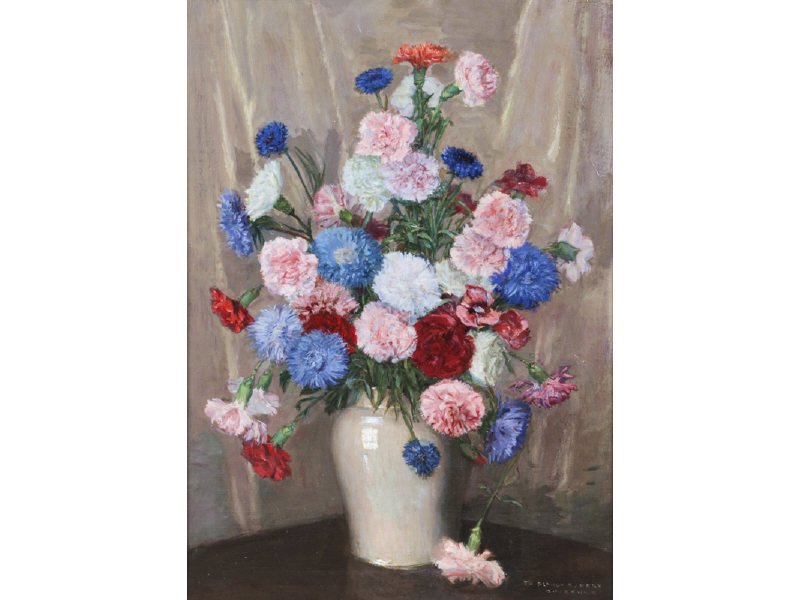 SIMON WERNER (American, 20th C) Oil Painting: SIMON WERNER (American, 20th C) Still Life Peonies. Oil on linen. Inscribed lower right To Blanch & Terry S. Werner. Good condition, light craquelure and minor inpainting. Painting measures 25" x 18".