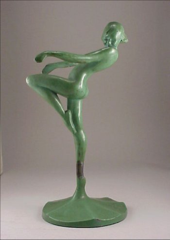 FRANKART Art Deco 1922 Nude Girl Figure: FRANKART Art Deco 1922 Playful Nude Girl Figurine. Tray holder. Original green patina finish on spelter. Some paint loss (please see close-up photos below). Marked "Frankart" and numbered "T301" with