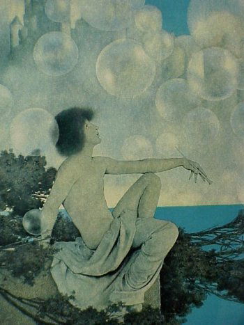 Org. MAXFIELD PARRISH Air Castles Print: Original MAXFIELD PARRISH Air Castles Print. "Air Castles", one of the more popular Parrish prints, was used as the cover of the September 1904 Ladies Home Journal. The example pictured in the Parrish
