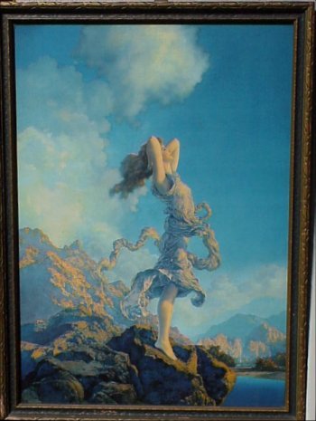 Original MAXFIELD PARRISH Ecstasy Print.: Original MAXFIELD PARRISH Ecstasy Print. This original Maxfield Parrish print of "Ecstasy" is signed "Copyrighted 1929 Maxfield Parrish" in the lower left. Original frame and one small piece of the ba