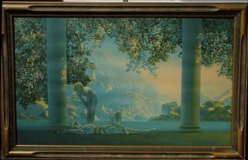 Original MAXFIELD PARRISH Daybreak Print: Original MAXFIELD PARRISH Daybreak Print. This original Maxfield Parrish "Daybreak" print is signed "Maxfield Parrish" in the lower right and marked with copyright mark as well as "House of Art NY". O
