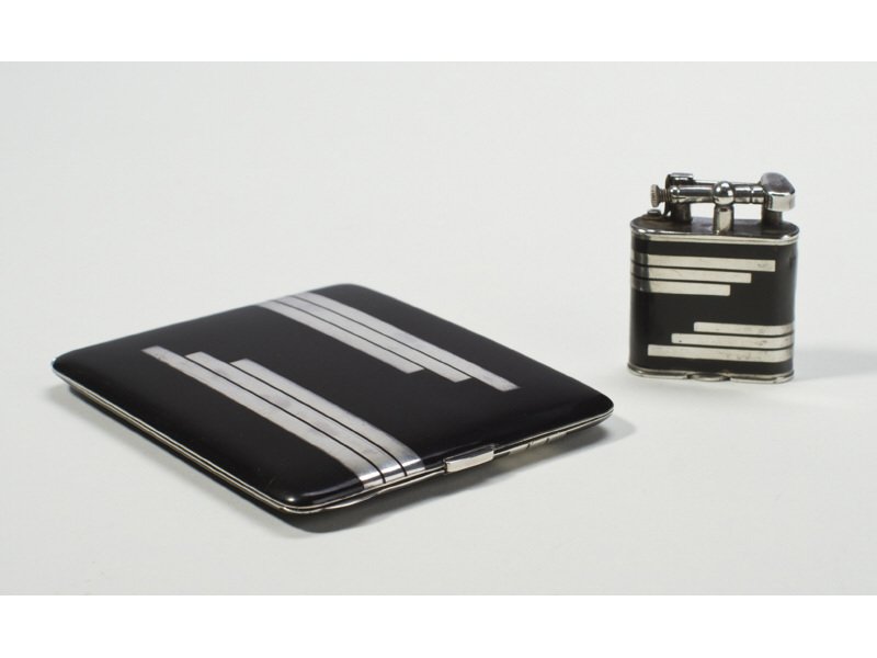 Art Deco Dunhill Paris Enamel Sterling Silver Box Case: Art Deco Alfred Dunhill Paris Enamel Sterling Silver Cigarette Case and Lighter. Black enamel with silver stripes and vermeil interior. Hallmarked in the rim of interior 'Alfred Dunhill PARIS STERLING
