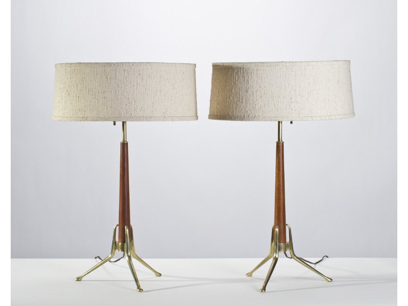 Pair of Gerald Thurston Tripod Table Lamps: Pair of Gerald Thurston Brass & Walnut Tripod Table Lamps for Lightolier c.1955. Original condition with bottom diffuser, and pierced metal top diffuser intact. 3 bulb lamp with a 3 way switch. Origin