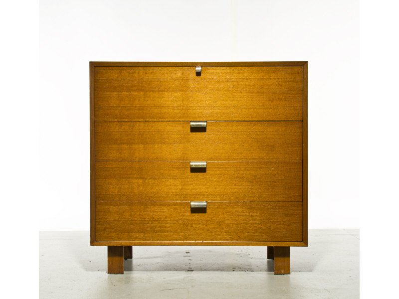 George Nelson Drop Front Desk Chest of Drawers: George Nelson Drop Front Desk for Herman Miller c. 1949. Walnut, Birch, and Metal construction. Drop front with internal organizer above 3 drawers. Very good condition. Measures 39.5"H x 40"W x 18.5"D
