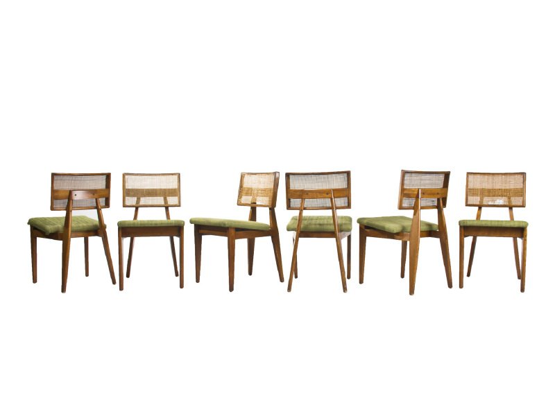 George Nelson Set of 6 Cane Back Dining Chairs: George Nelson Set of Six Dining Chairs for Herman Miller c. 1949. Birch, Caning, and Upholstery. Green period upholstery and wood frames in good condition. Cane backs on 3 seats show wear and breaks a