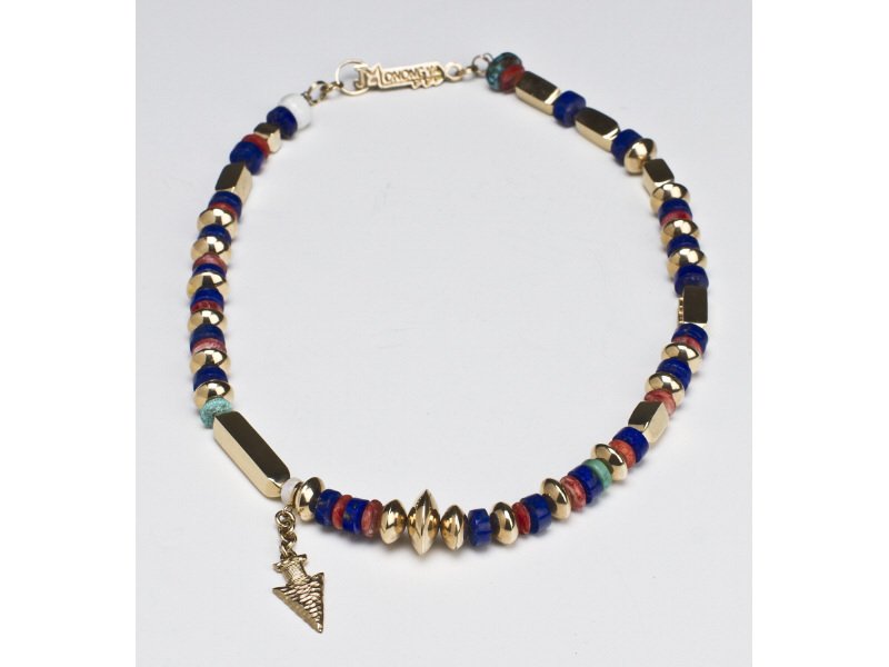 Jesse Monongya 14K Gold Turquoise Indian Necklace: Jesse Monongya 14K Gold Turquoise, Lapis Lazuli Coral Necklace. Necklace is made of 14K yellow gold turquoise, lapis lazuli coral and opal beads. Clasp is cast 'JMonongya' 14K. Jesse Monongya is a con