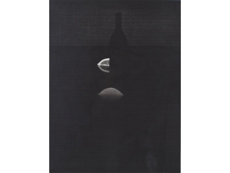 Yozo Hamaguchi Japanese 1909-2000 Mezzotint Print: Yozo Hamaguchi (Japanese, 1909-2000) "Bottle with One and 1/4 Lemons" Mezzotint. Image size 24 5/8" high, 18 3/4". Original Vorpal Gallery double plexiglas frame measures 32" x 26". In good condition.