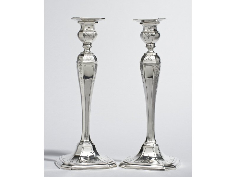 Pair of Art Deco Sterling Silver Candlesticks: Pair of Art Deco Reed & Barton 12 1/2" Sterling Silver Candlesticks. Classic pair of candle holders have engraved foliate pattern engraved on the base and stem. The candlesticks have removable bobeche
