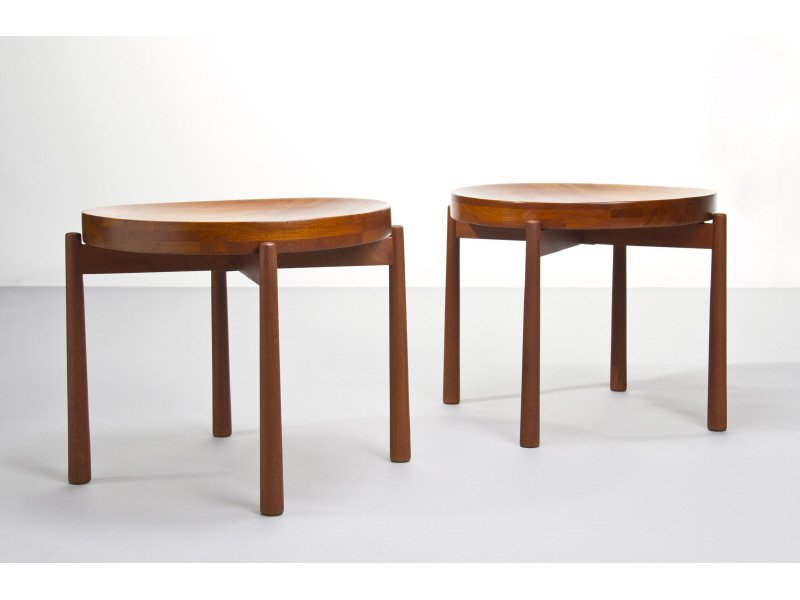 Pair of Swedish Teak Tray-Top Occasional Tables: Pair of Swedish Teak occasional side tables with removable tray tops. In good condition. Measures 17 1/4" high, 21 3/4" diameter.