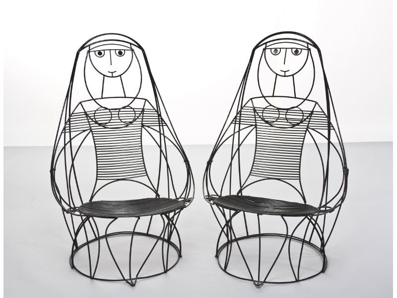Pair of John Risley 1950's Wire Women Chairs: Pair of John Risley 1950's Steel wire Figural Woman with French Sailor Shirt Chairs. In good condition. The chairs measure 40 1/2" high, 26" wide and 29 1/2" deep.