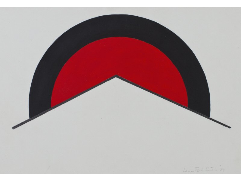 Leon Polk Smith (1909-1996) "Americas" - 1989 Painting: Leon Polk Smith (Native American 1909-1996) "Americas" 1989. Acrylic on paper. Sheet size 14 1/4" high x 20 1/8" wide, image size 9 1/4" x 17 3/4". Signed Leon Polk Smith '89 lower right. In good cond