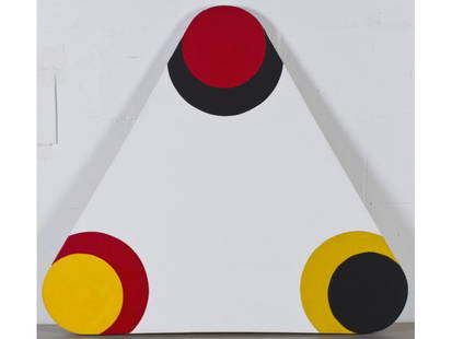 Leon Polk Smith (Native American, 1909-1996) Painting: Leon Polk Smith (Native American 1909-1996) "Untitled Collage". Collage and painting in acrylic. Red, black and yellow circles on white triangle. Signed on back of canvas "LPS untitled collage 1982".