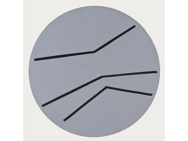 Leon Polk Smith (Native American, 1909-1996) Painting: Leon Polk Smith (Native American, 1909-1996) "Intervals" Acrylic on canvas, unframed. Titled on back of canvas Leon Polk Smith - Intervals 1996, 24" diameter and copyright. Inside bottom rim label mar