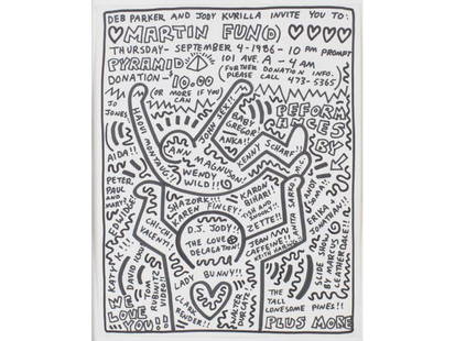 Keith Haring (1958-1990) Original Marker Drawing: Keith Haring (American 1958-1990) Original Marker Drawing on Paper. One-of-a-kind original hand drawn invitation - poster by Keith Haring created for The Martin Fun(D) benefit. Signed Keith Haring !!