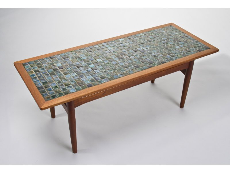 Helge V. Jensen & Knud Kyhn Tile Teak Coffee Table: Helge Vestergaard Jensen & Knud Kyhn Tile Inlaid Teak Coffee Table. Cabinet maker Soren Horn c.1954. Vivid Blue & Green tiles throughout. Table signed on underside with SH mark. Tile top signed KK. Me