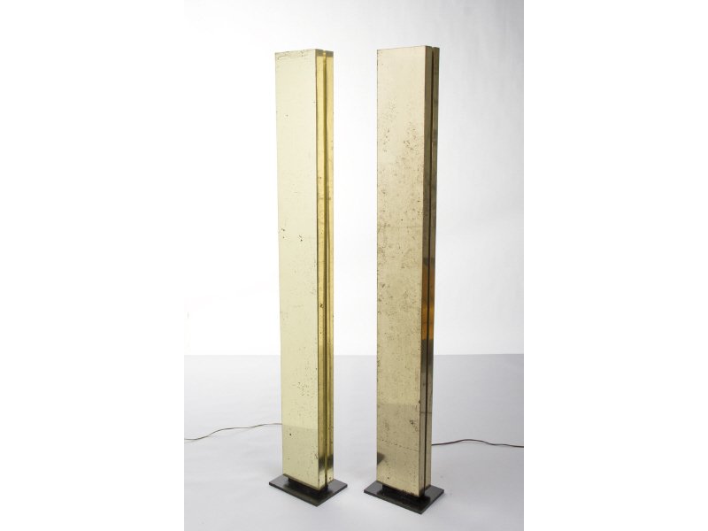 Pair of Memphis Style Brass Uplighter Floor Lamps: A Pair of Memphis Style Brass Uplighters maker unknown, possibly Arredoluce as the construction appears Italian. c.1970. Brass & Enameled metal construction. Analog dimmer knob on each. Condition Fair