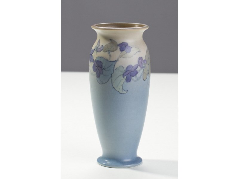 Rookwood Art Pottery Decorated Vellum Vase: Rookwood Pottery Vellum Vase Shaded tan to blue with a leaf and vine hand painted decoration. Rookwood mark for 1930 with anniversary mark and signed FR for Fred Rothenbush. Shape # 2721 In good condi