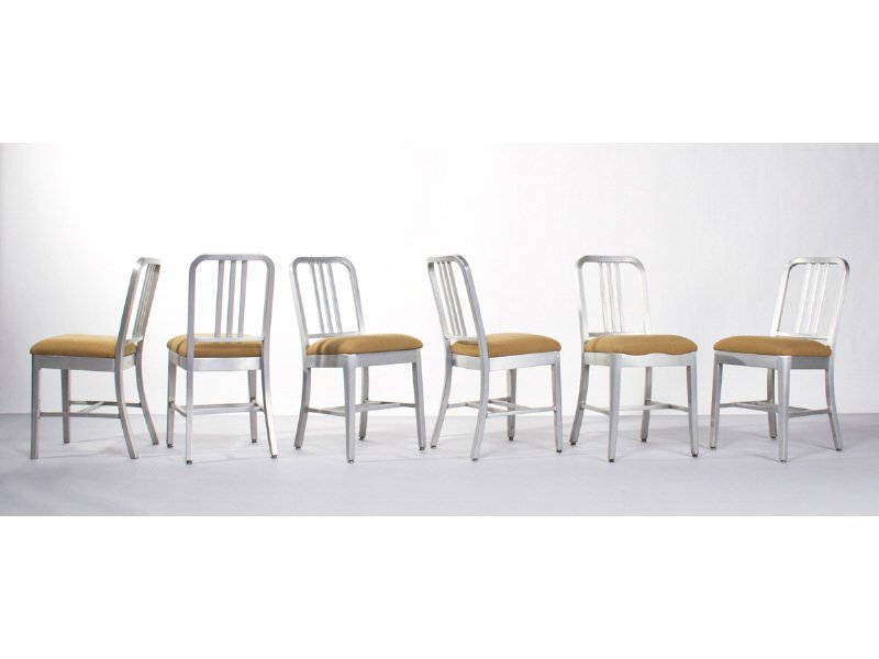 Set of 6 Aluminum Mid Century Modern Navy Chairs: Set of 6 Aluminum Mid Century Modern Navy Chairs by Goodform. These examples are marked 1948-1952. Signed with applied manufacturers tag. Tweed upholstery. Measures 34"H x 16"W x 20"D