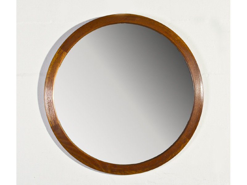 Signed Aksel Kjersguard Teak Round Mirror: The round teak mirror has a stamped mark on the back Aksel Kjersgaard Odder Made in Denmark no.230. In good condition. Measures 23" diameter