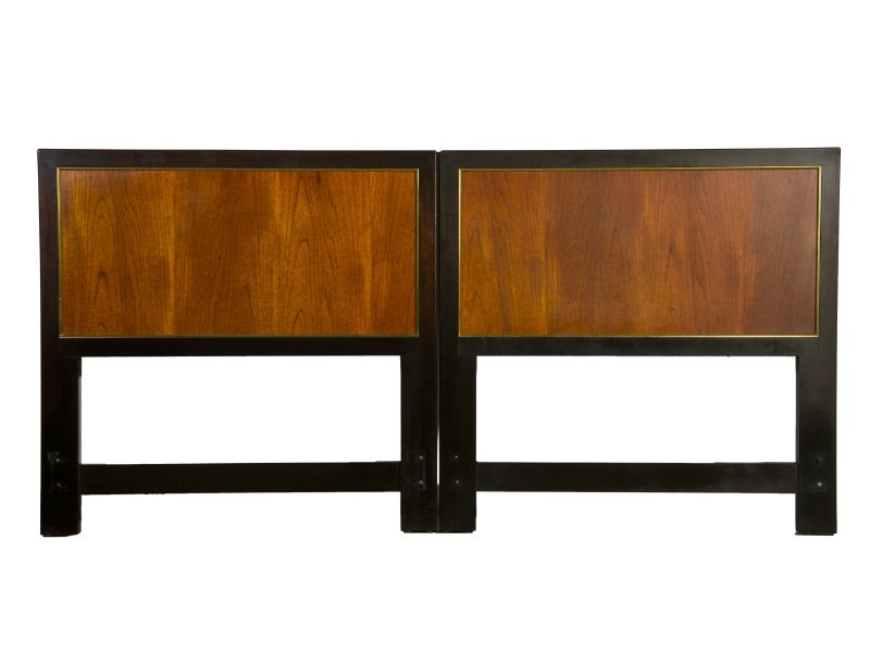 Harvey Probber Pair of Mahogany Twin Headboards: Harvey Probber Pair of Twin Headboards. Mahogany, brass, and ebonized finish. Good condition. Comes with catalog photo from time of purchase by original owner. Each measures 39" high x 40" wide x 1.5"