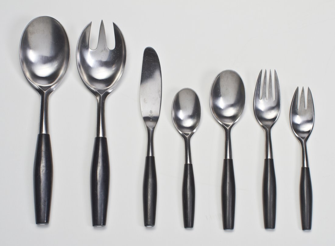 Dansk Stainless 62 Pieces Flatware - Kongo"": Dansk Stainless 62 Pieces Flatware. "Kongo" (service for 11+) Jens Quistgaard for Dansk Designs, 1954 13 Dinner Forks, 12 Salad Forks, 13 Dinner Knives, 11 Teaspoons, 11 Soup Spoons, Two Piece Salad S