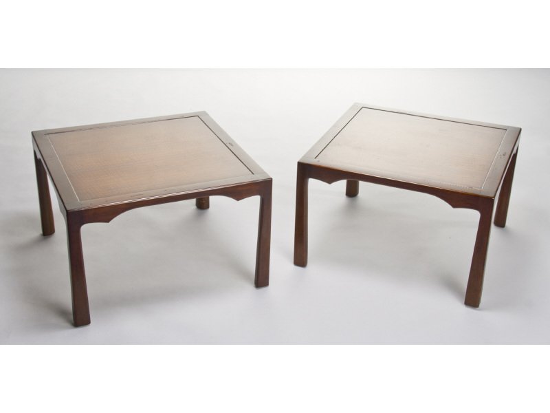 Pair of Hollywood Regency Mahogony Side Tables: Pair of Hollywood Regency James Mont Style Mahogany Side Tables for Henredon. Measures 15"H x 24"W x 24"D