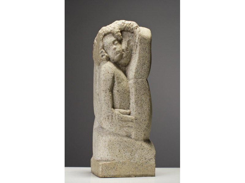 Vincent Glinsky Cast Stone Cubist Woman Sculpture: Vincent Glinsky Cast Stone Cubist Sculpture. The resin cast stone sculpture depicts a woman holding her child. In good condition. Signed on the back, Vincent Glinsky. Measures 10 1/4" high x 4 1/3" lo