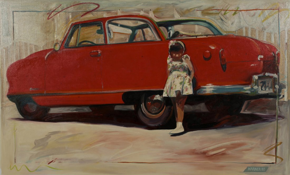 Drew Warner (1945-2009) Nash Automobile Oil Painting: Drew Warner (American, 1945-2009) Oil on Canvas Painting. Large painting depicts a classic rare 1953 Nash Rambler convertible automobile with a little girl. Painting is unframed and measures 54" high 
