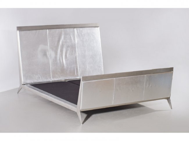 Brueton Bed BMG Designed by Stanley Jay Friedman: Brueton Bed Designed by Stanley Jay Friedman. Solid stainless steel and upholstered. Signed with a Brueton label. Measures 55" high. The flat mattress area measures 82" long and 78" wide. Bed is made