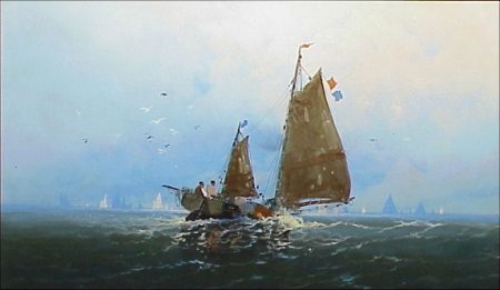 Clarence Braley (1854-1927) Sailboat Oil: Clarence E. Braley (1854-1927) American. "Sailing Off New Bedford". Pastel. Measures 18" x 30". Signed lower left "C. Braley". Good condition. Black light reveals no damage or repair. Framed in a peri