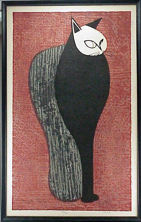 Kiyoshi Saito Japanese Woodcut Print: Kiyoshi Saito ( ) Japanese. "Cat". Color woodcut print. Measures 32 3/4" x 20 1/4" (including matt). Signed lower left "Kiyoshi Saito" with edition number 12/100 and dated "1957". Good condition with