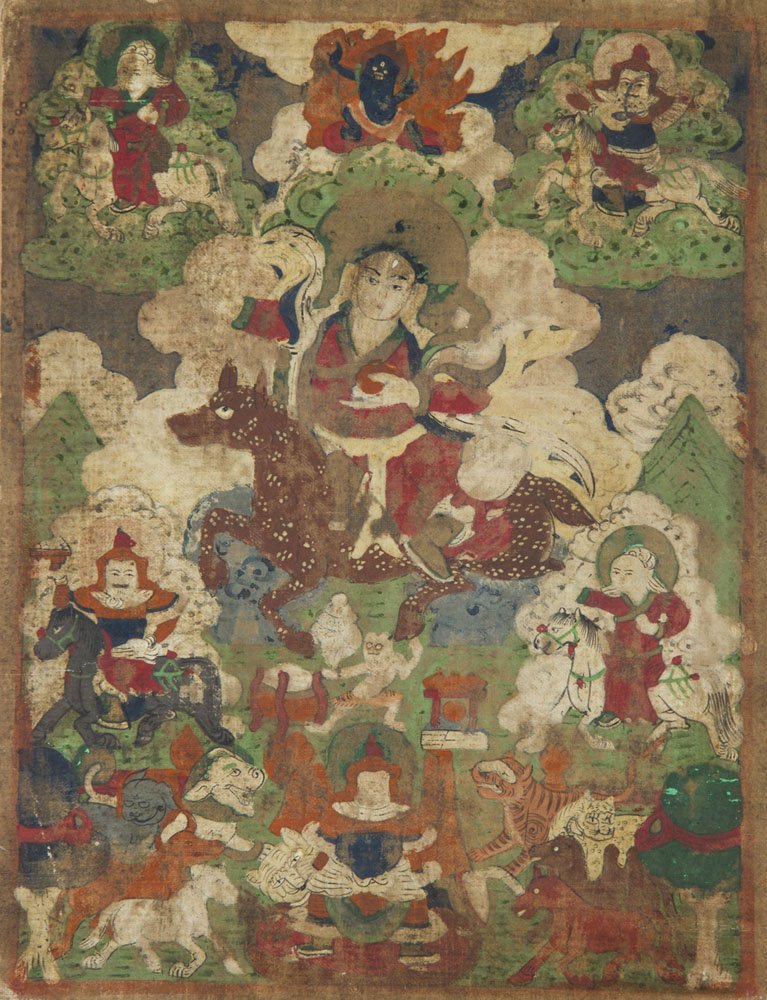 Chinese Buddhist Tibetan Asian Oriental 19C Painting: Chinese Indo Asian Buddhist 19C Painting. The 19th century or earlier Oriental Tibetan painting on silk depicts a flying monk on top of a flying dog or wolf, surrounded by figures and animals. The ear