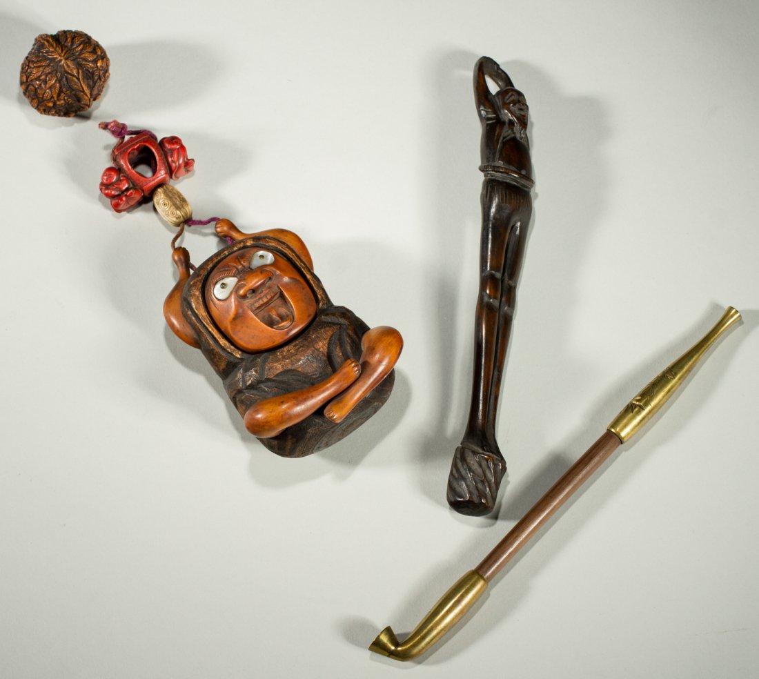 Japanese Meiji Wood Figural Pipe w Case & Tobacco Box: Japanese Meiji Period Wood Figural Pipe with Case and Tobacco Box. Included in this lot is the tobacco box, called tonkotsu, with mother of pearl accented eyes, a pipe case, called a kiseru, with the 