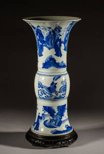 Chinese 18C Kangxi period Yen Yen Porcelain Vase: Chinese 18C Kangxi Period Yen Yen Porcelain Vase. Rare porcelain vase dating from the 18th century or earlier Qing dynasty and decorated with rich blue and white hand painted decorations all