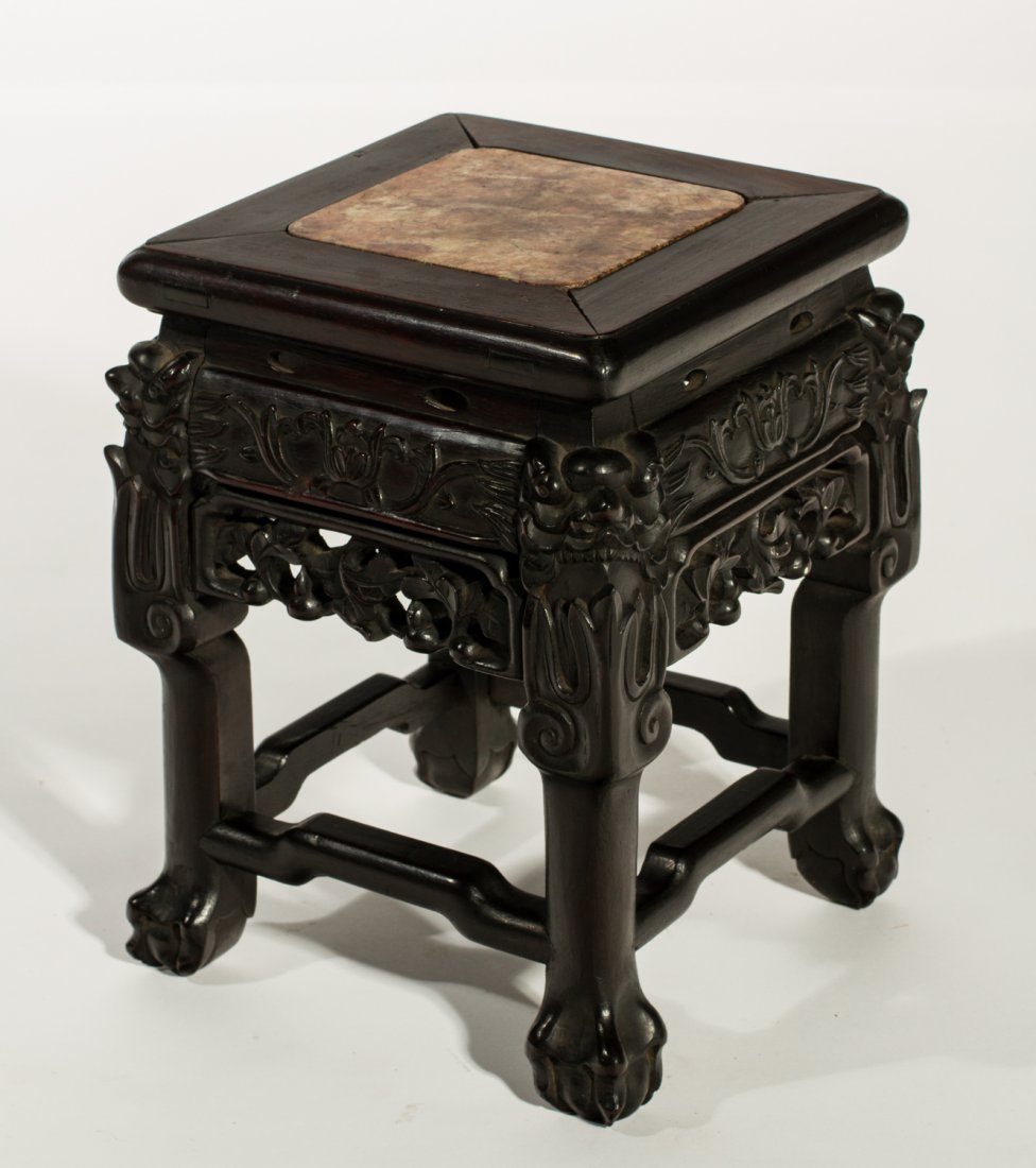 Carved Rosewood Chinese 19C Marble Miniature Table: Chinese 19C Carved Rosewood Rouge Marble Miniature Table. In good condition. Measures 11.3 inches high, top measures 8 inches by 8 inches. Estate of Hall - Jordan.Dr. James Ward Hall (1849-1908) gradu
