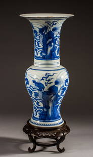 Chinese Qing Dynasty Yen Yen 18" Porcelain Vase: Chinese Qing Dynasty Porcelain Yen Yen Vase. Possibly Kangxi period. Hand painted rich blue and white glaze vase from the 19th century or earlier is decorated with lions on shaped panels. The vase