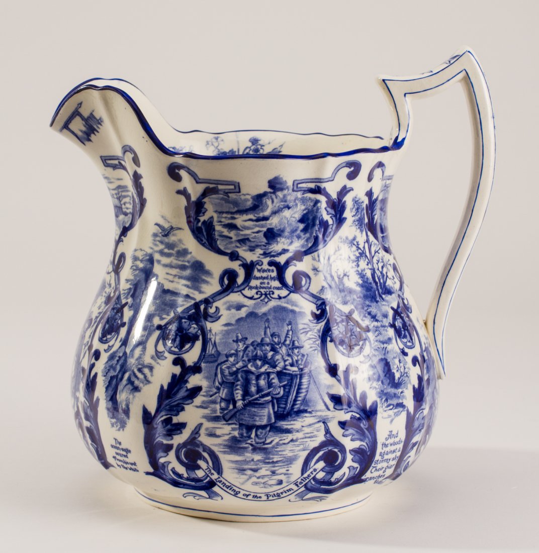 English 1907 Blue White Copeland Spode Pilgrim Jug: Blue and White 1907 Copeland Spode Porcelain Pilgrim Jug. Blue and white decoration of pilgrim scenes all over. On the bottom: Manufactured Solely For Burley & Co Chicago, The Pilgrim Jug, By W.T Cope