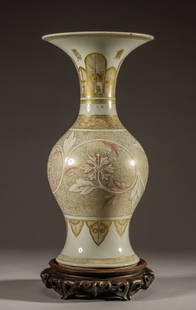 Old Chinese Export Qing Dynasty 16" Porcelain Vase: Qing Dynasty Chinese Export Gilt and Floral Vase. Fine hard paste porcelain vase from the 19th century or earlier is exquisitely decorated with raised leaves and florals accented with gilt leaf decora