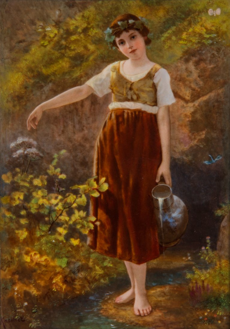 KPM 19th Century Handpainted Porcelain Plaque Girl Jug: KPM 19C Porcelain Plaque of Girl with Jug. The hand painted plaque depicts a girl holding a jug in a nature forest scene. On the back of the plaque is the following information: Von der Quelle n/ R. G