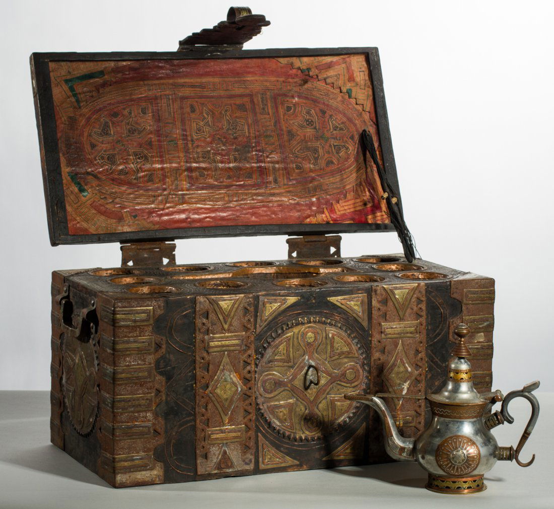 Old Moroccan Mixed Metal Fitted Tea Chest & Teapot Set: Moroccan Mixed Metal Fitted Antique Tea Chest. The North African or Middle Eastern chest is decorated and bound with various metals ranging from steel, copper, brass, silver, etc. The fitted interior