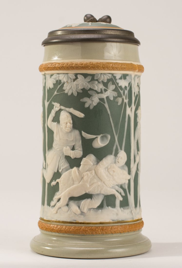 Villeroy Boch - Mettlach - Cameo Boar Hunt Stein #2530: Villeroy and Boch Mettlach Cameo Wild Boar Hunt Stein. The Mettlach pate-sur-pate 1/2 L. stein displays 7 men and a dog capturing a boar. The inset cover shows a fleeting rabbit and an oak branch. Hei
