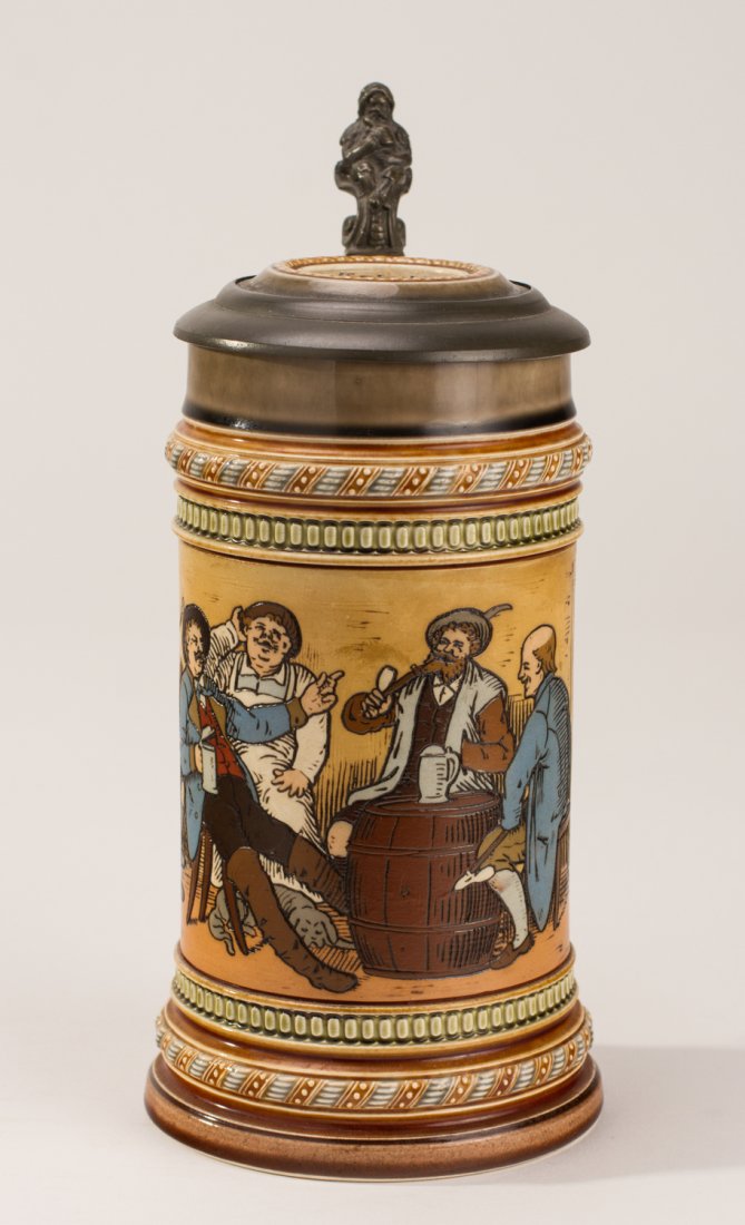 Villeroy & Boch Mettlach Tavern Stein #1508: Villeroy and Boch Mettlach Incised Stein. Depicts a German tavern scene. Measures 9.2 inches in height. Impressed "Mettlach 1508" on underside. In good condition.