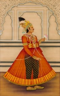Indian Mughal Empire Maharaja - Portrait 50" Painting: Indian Mughal Empire Maharaja Noble Portrait Painting. The jewels on the striking noble Indian figure appear to be raised opalescent enamel pigment enhanced with bright iridescent gilt and silver pigm