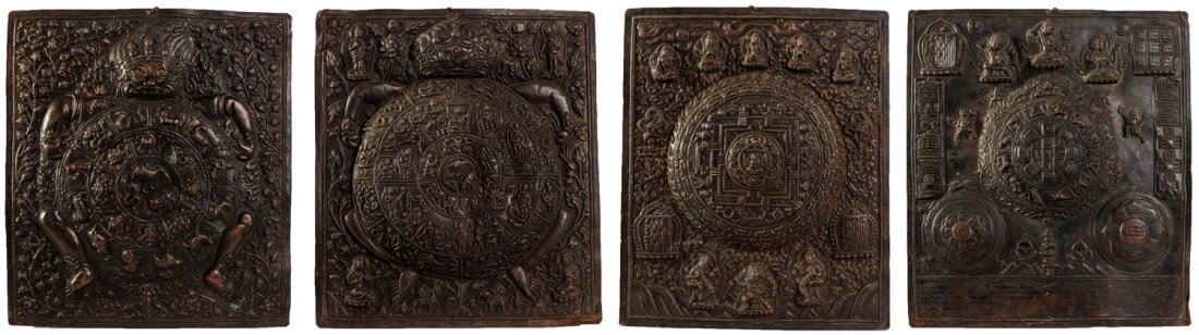 Four Tibetan - Buddhist Copper Relief Calendar Plaques: Four Tibetan Buddhist Copper Calendar Plates or Plaques. Three of the plates are astrological calendars and the fourth one has a Buddhist deity. Intricately detailed and beautifully embossed. All four